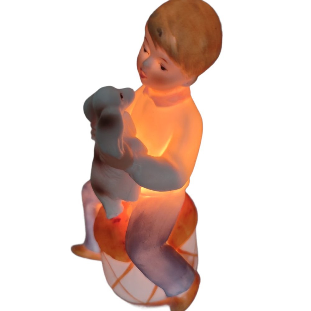 Vintage Trina Japan Hand Painted Night Light Boy Dog Porcelain In Original Box